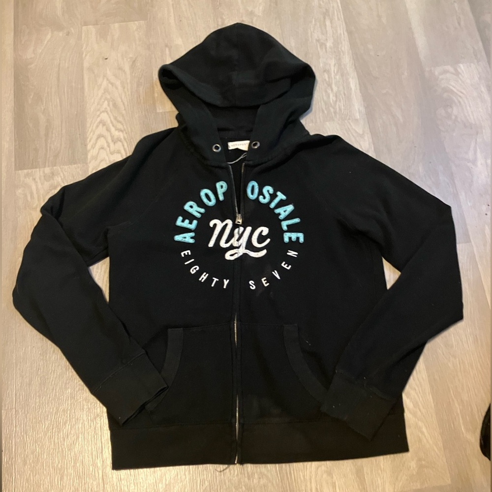 Aeropostale Black Zip-Up with Teal and White Accents